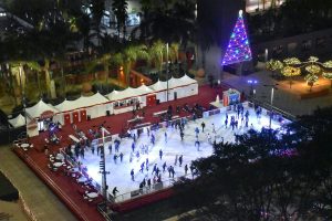 Holiday Ice Rink at Pershing Square near The Pearl apartments in Koreatown, Los Angeles   