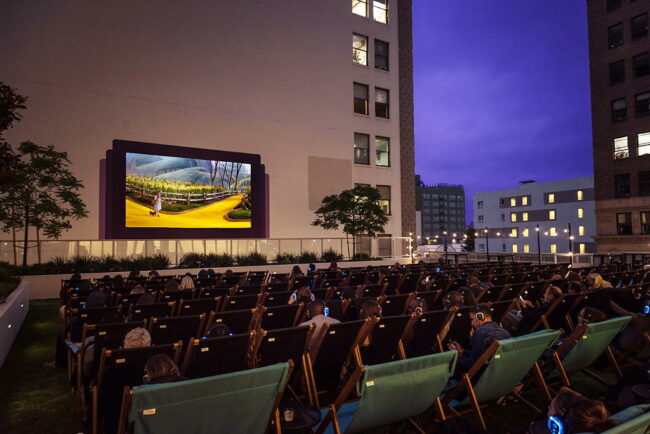 Rooftop Cinema Club DTLA outdoor movies near The Pearl apartments in Koreatown, Los Angeles